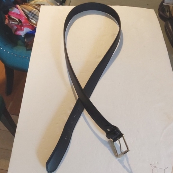 MENS Black Premium leather Neutral Minimalist Belt Silver tone Buckle Sz.2X - Picture 3 of 6